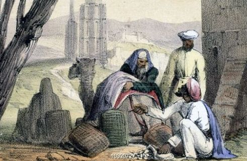 A print from 1845 shows cowry shells being used as money by an Arab trader.